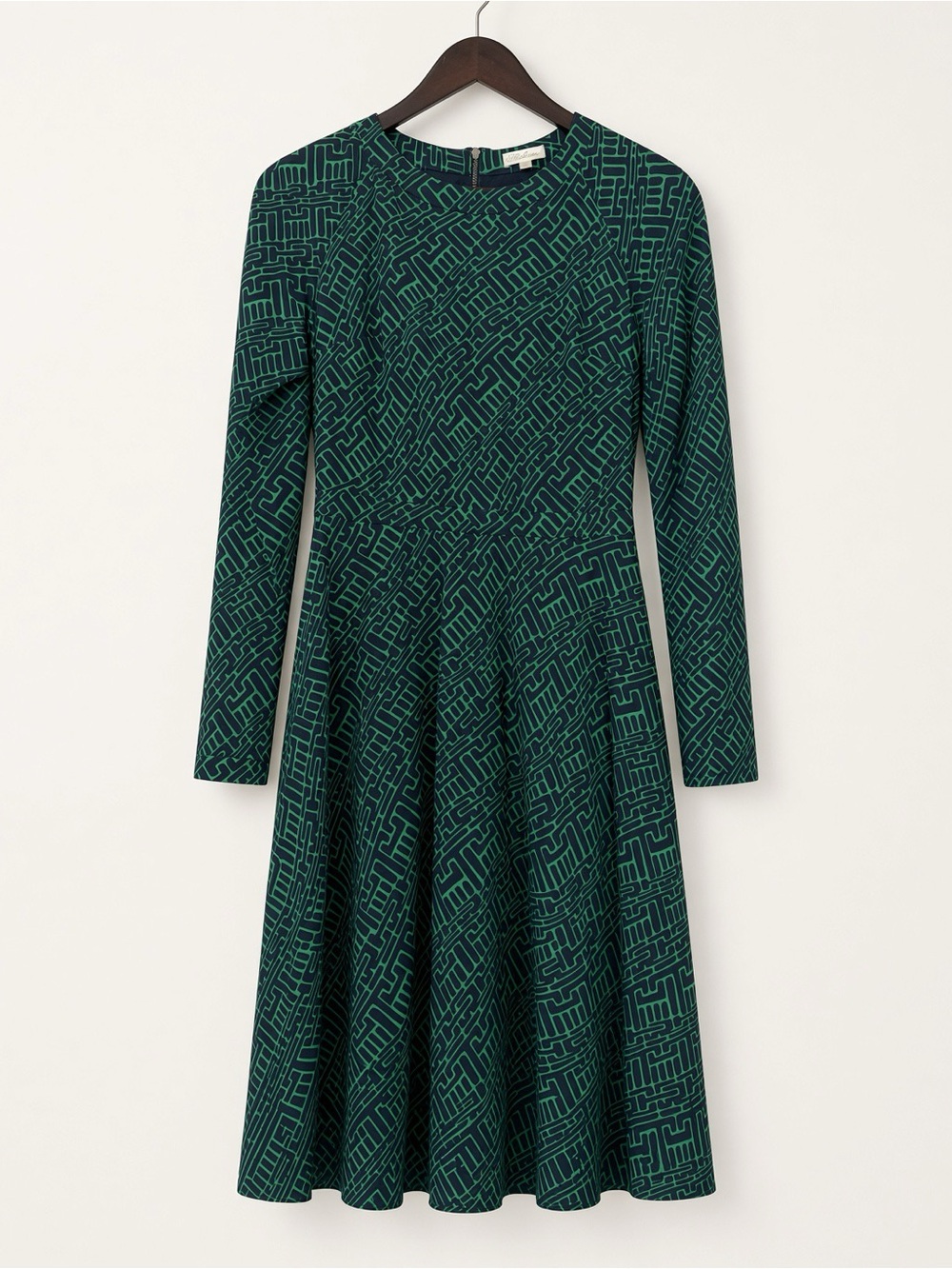 Women's Shoshanna Long-Sleeve Geometric Fit & Flare Dress Silk Green & Navy sz 2